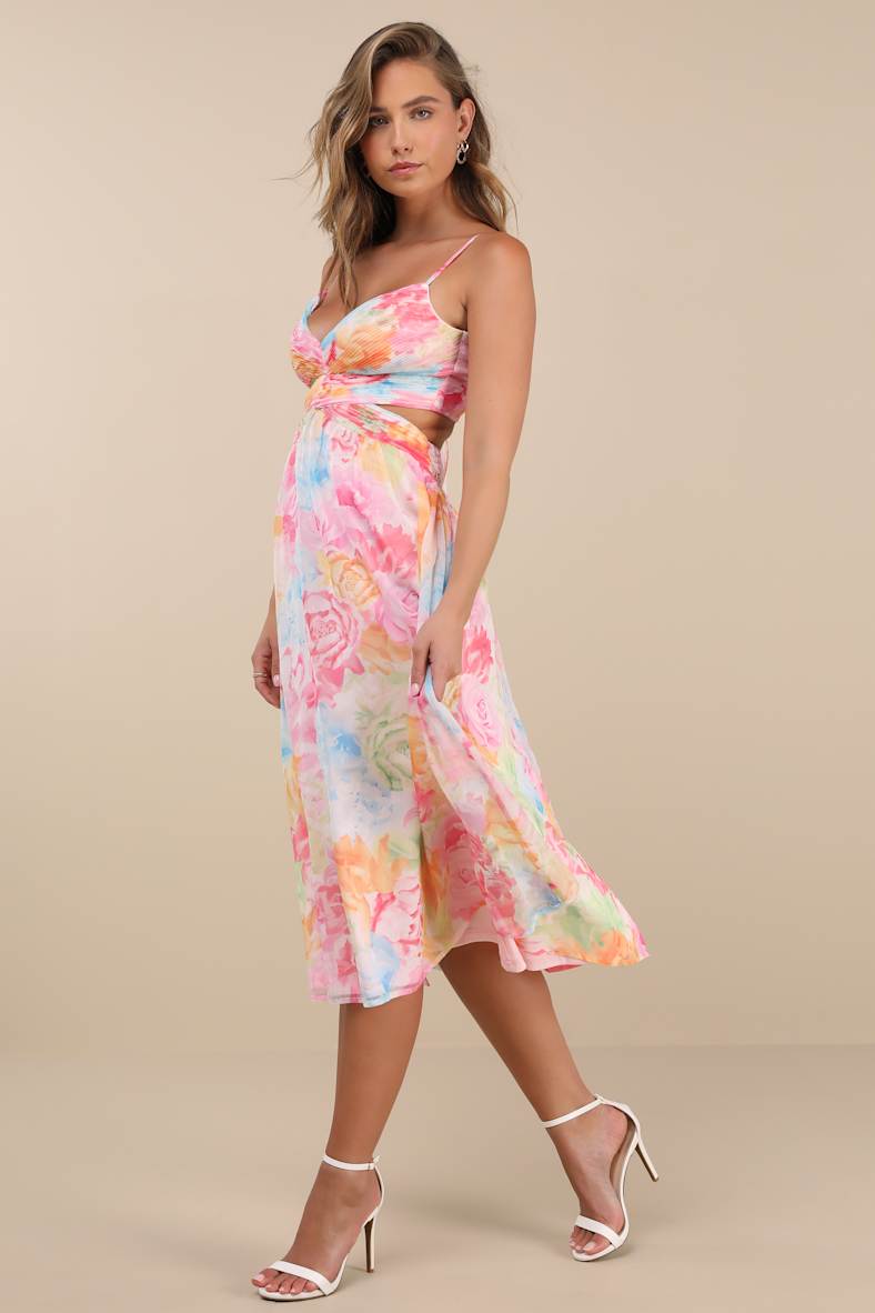 Ettalie Pink Multi Floral Lace-Up Midi Dress
