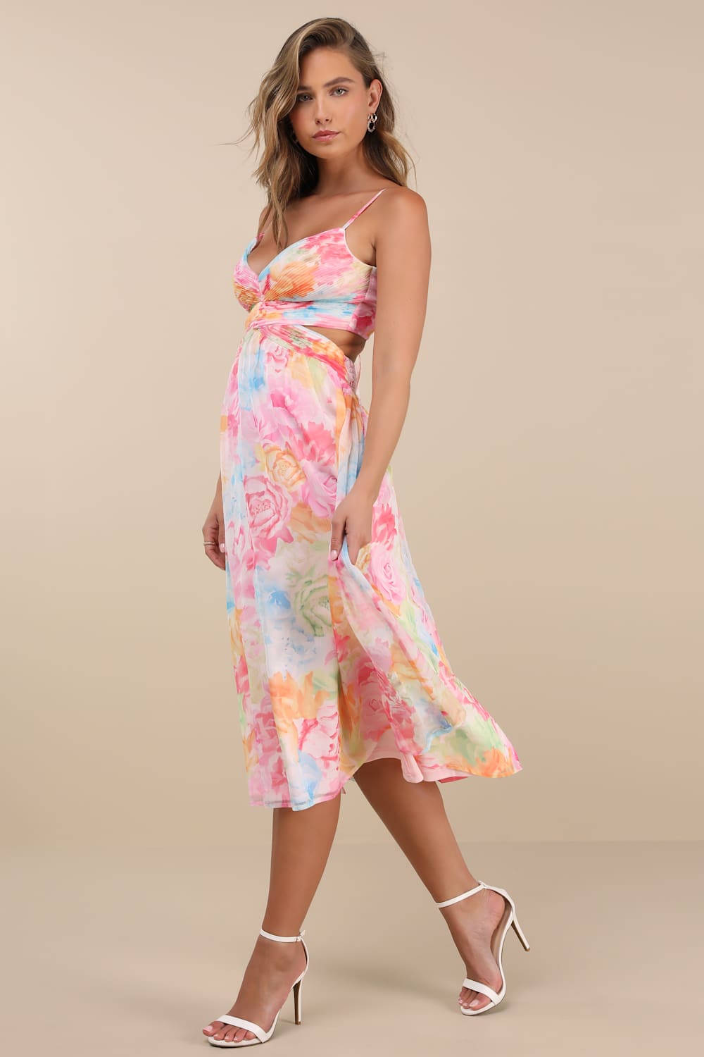 Ettalie Pink Multi Floral Lace-Up Midi Dress