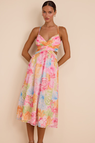 Ettalie Pink Multi Floral Lace-Up Midi Dress 1