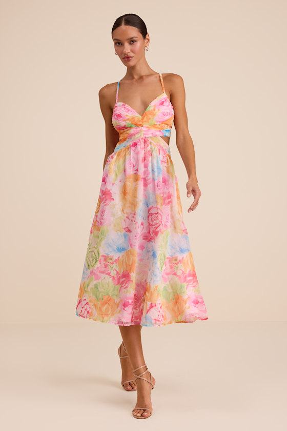 Ettalie Pink Multi Floral Lace-Up Midi Dress 2