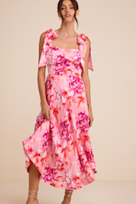 Fleurette Pink Floral Tie-Strap Midi Dress 1