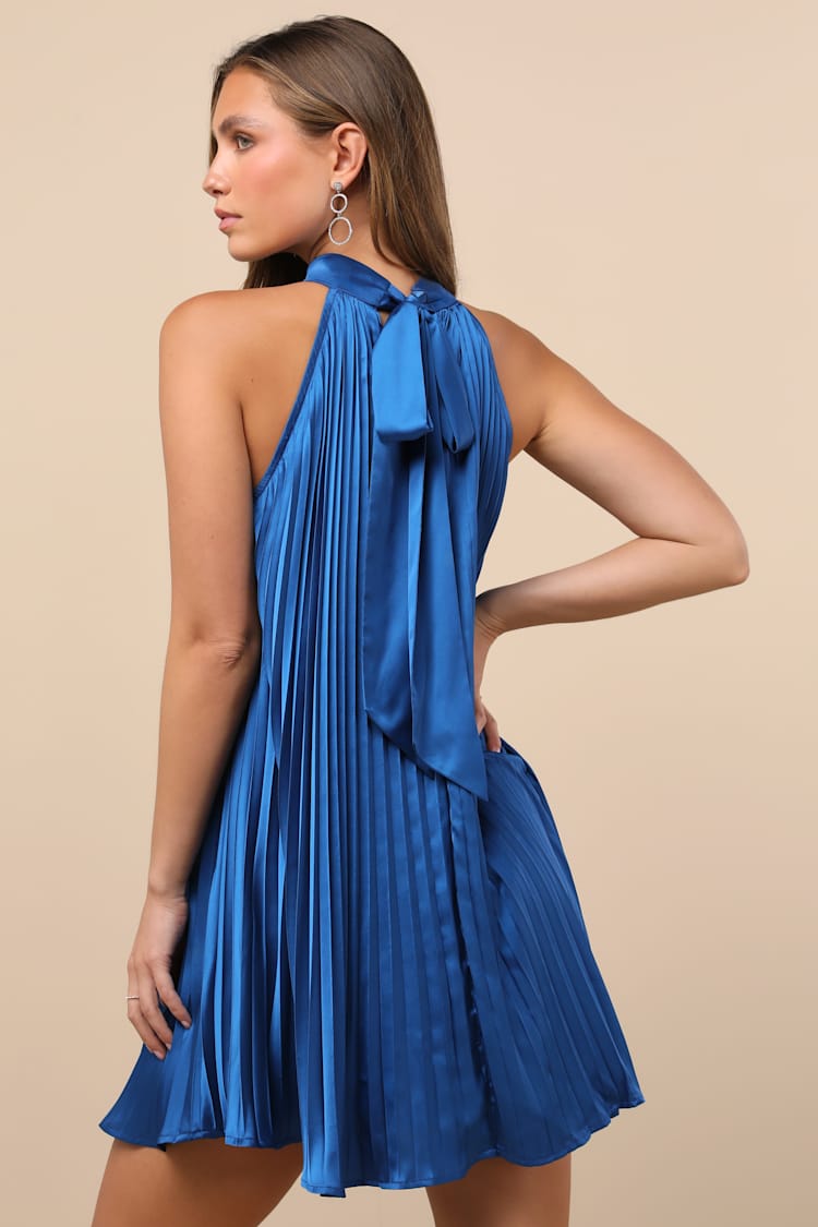 Ceslie Blue Pleated Shift Mini Dress