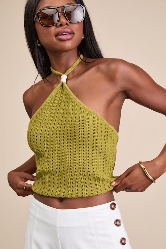 Olive Green Sweater Knit Top - Sweater Halter Top - Beaded Top - Lulus