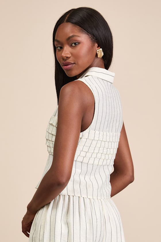 Clarette Light Beige Pleated Collared Sleeveless Top