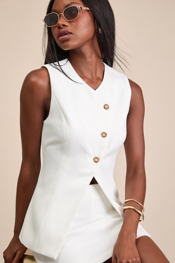 White Textured Woven Top - Asymmetrical Vest Top