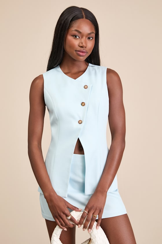 Teslee Light Blue Textured Asymmetrical Vest Top 2