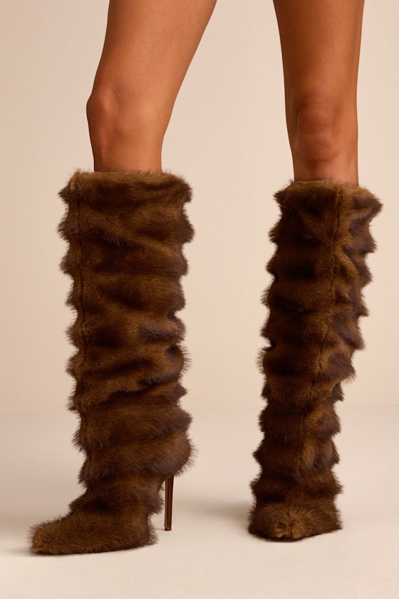 Conrad Brown Faux Fur Slouchy Textured Knee-High Boots 3