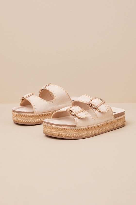 Cubana Natural Suede Raffia Platform Buckle Slide Sandals 1