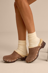 Mayfair Taupe Suede Leather Studded Clogs 1