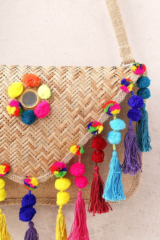 Beneath the Canopy Tan Woven Pompom Clutch 2