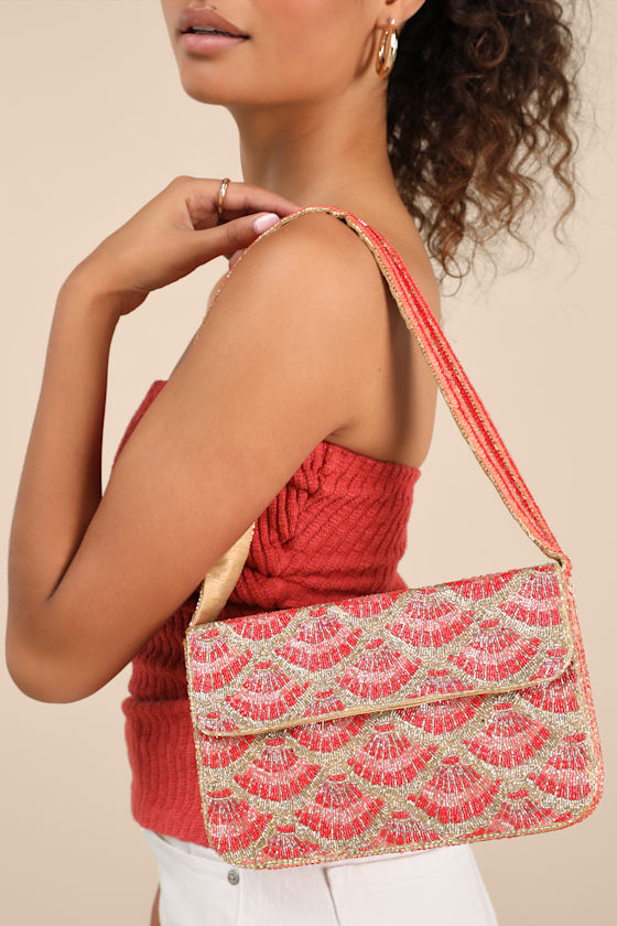 Pania Gold and Red Seashell Beaded Shoulder Bag 1