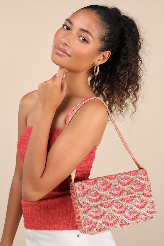 Pania Gold and Red Seashell Beaded Shoulder Bag - thumbnail 3