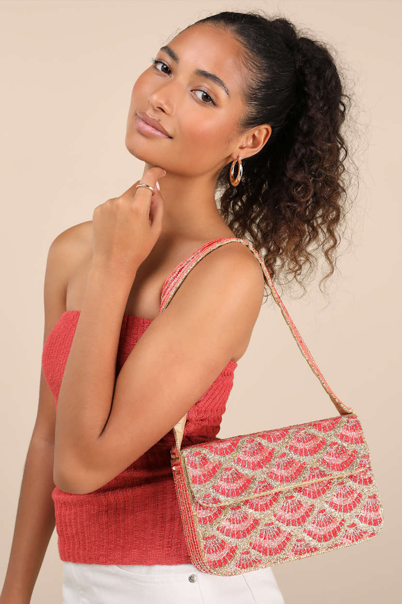 Pania Gold and Red Seashell Beaded Shoulder Bag