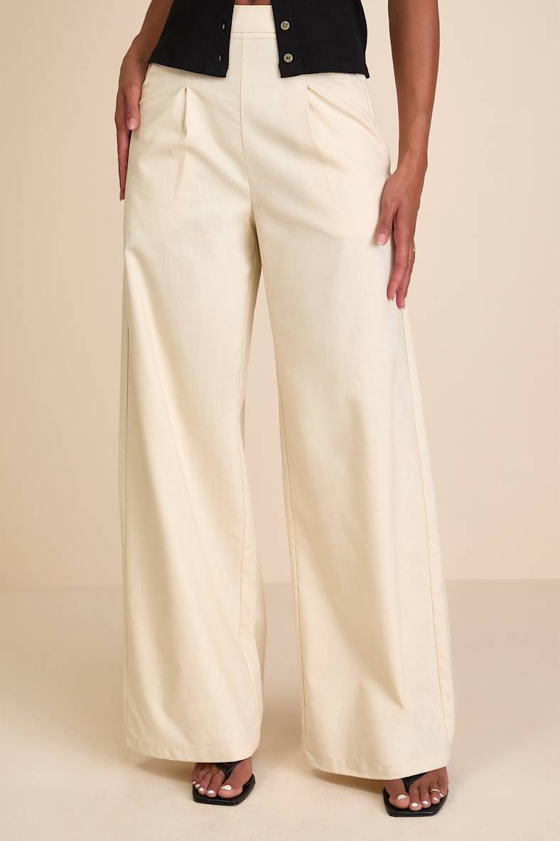 Hansley Cream Pleated High-Rise Wide-Leg Trouser Pants