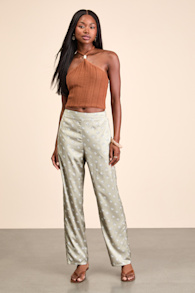 Kiora Sage Boho Print Satin Straight Leg Pants 2