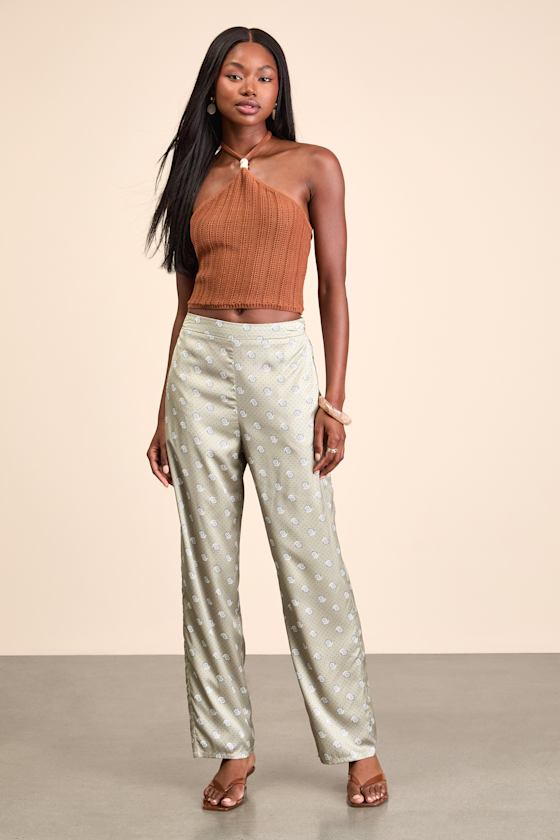 Kiora Sage Boho Print Satin Straight Leg Pants 2