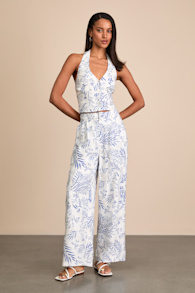 Amarae Ivory and Blue Floral Print Wide-Leg Trouser Pants 1