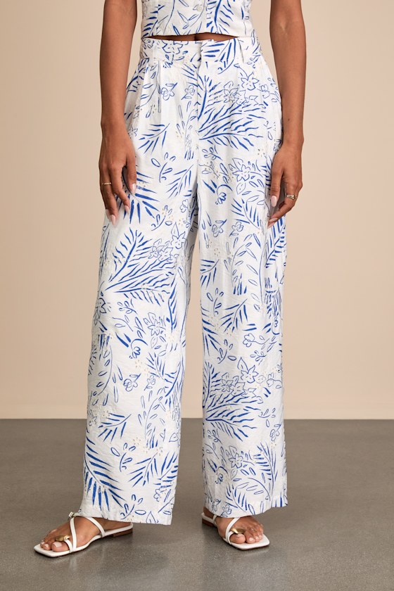 Amarae Ivory and Blue Floral Print Wide-Leg Trouser Pants 2