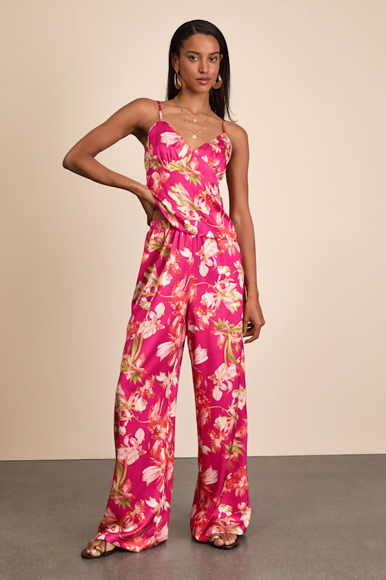 Zelimah Fuchsia Floral Satin Wide-Leg Pants 1