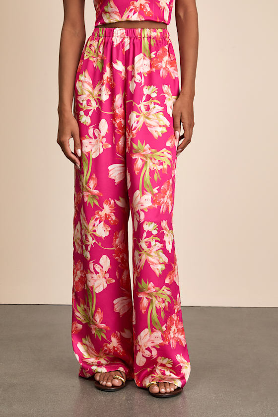 Zelimah Fuchsia Floral Satin Wide-Leg Pants 2