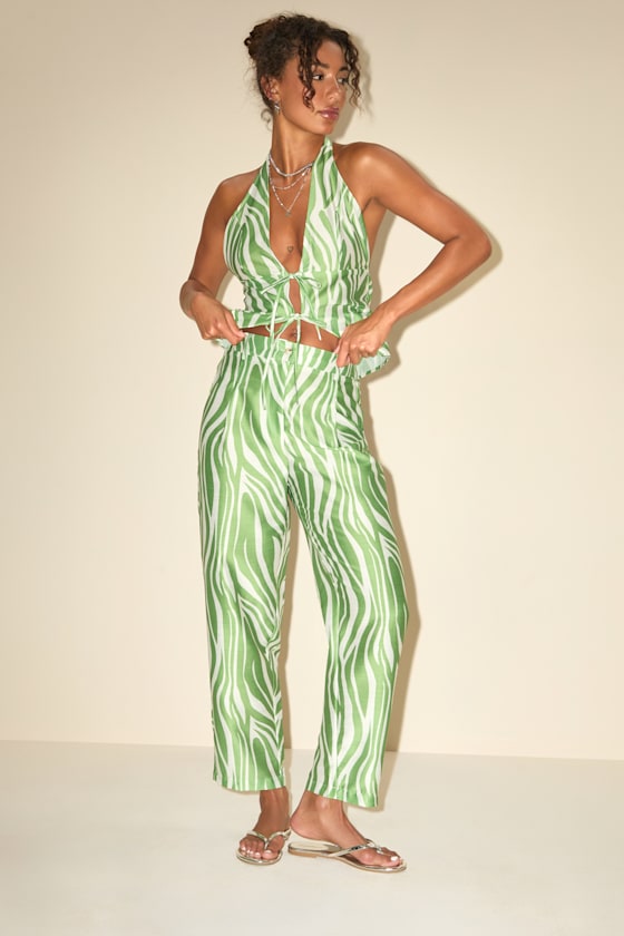 Meris Green and Ivory Abstract Mid-Rise Trouser Pants 1