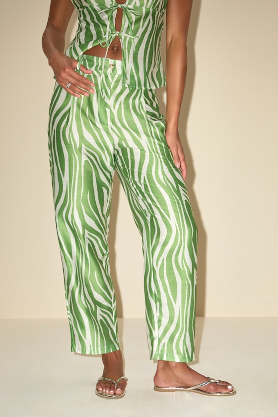 Lulus Meris Green And Ivory Zebra Print Mid-rise Trouser Pants In Multi