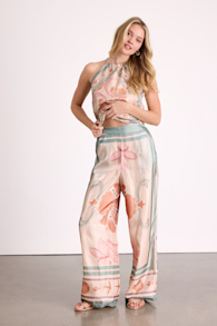 Dreya Beige Multi Boho Print Satin Wide-Leg Pants 1