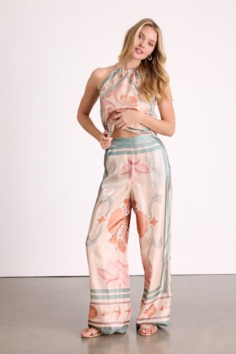 Dreya Beige Multi Boho Print Satin Wide-Leg Pants 1