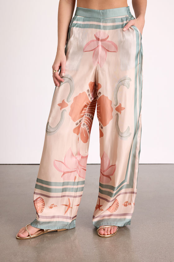 Dreya Beige Multi Boho Print Satin Wide-Leg Pants 3