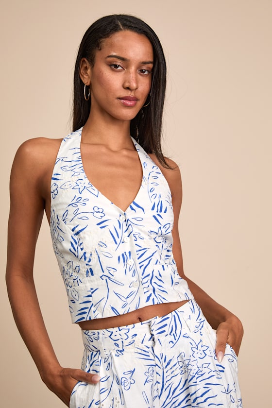 Amarae Ivory and Blue Floral Print Halter Vest Top 1