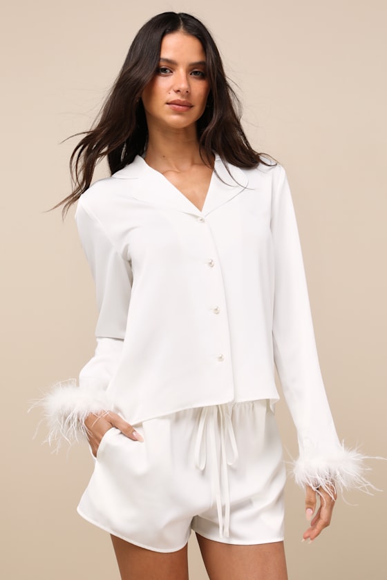 Lindon Ivory Satin Feather Two-Piece Pajama Set 1