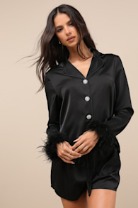 Lindon Black Satin Feather Two-Piece Pajama Set 1