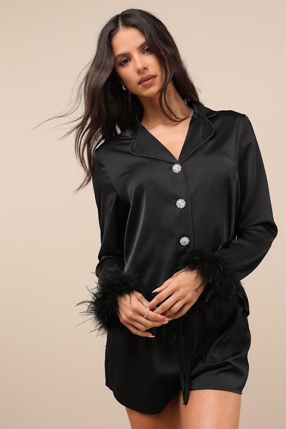 Lindon Black Satin Feather Two-Piece Pajama Set 1