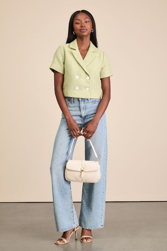 Cassiana Lime Green Double-Breasted Short Sleeve Blazer 2