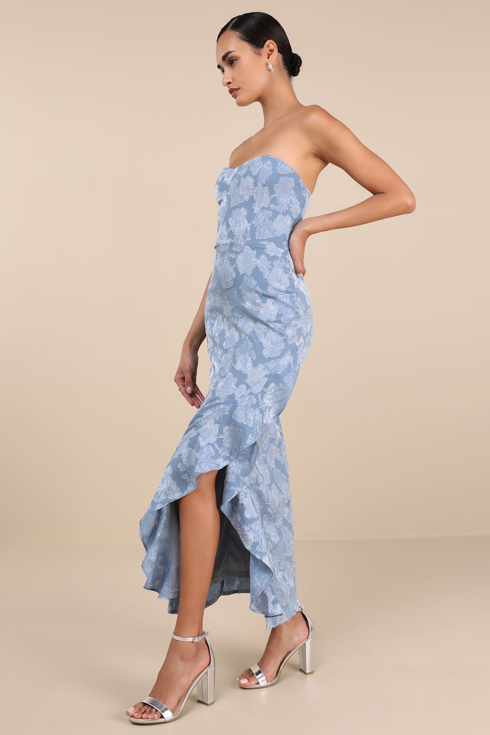 Mabriella Slate Blue Floral Burnout Ruffled Maxi Dress