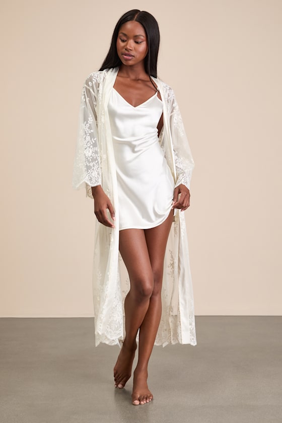 下着・アンダーウェア ROBE de FLEURS Fiora cristallo 48 Ivory Slip & Robe Set - Lace Robe Set - Satin Slip Set - Lingerie