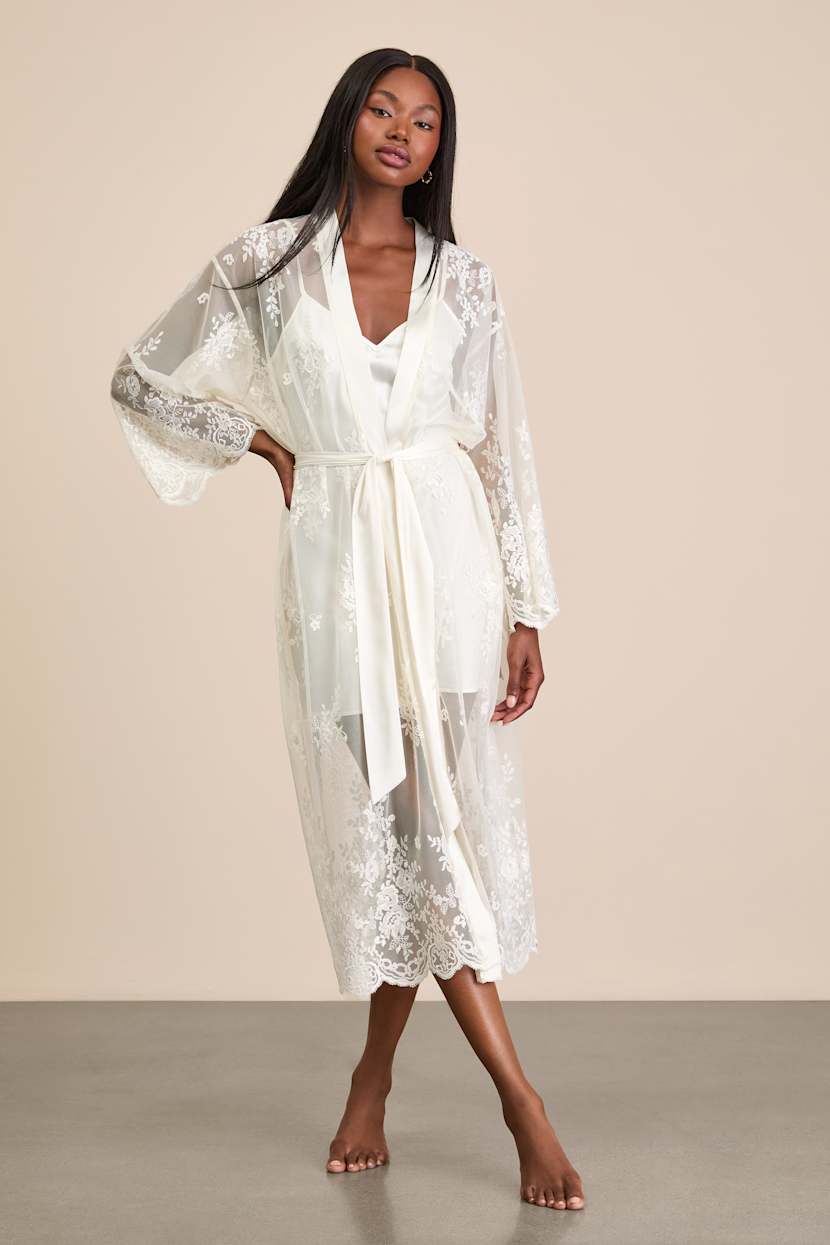 Ivory Satin Slip and Lace Robe Set | Womens | Small (Available in XS, M, L, XL) | 100% Polyester | Lulus Ivory Satin Slip and Lace Robe Set | Womens | Small (Available in XS, M, L, XL) | 100% Polyester | Lulus