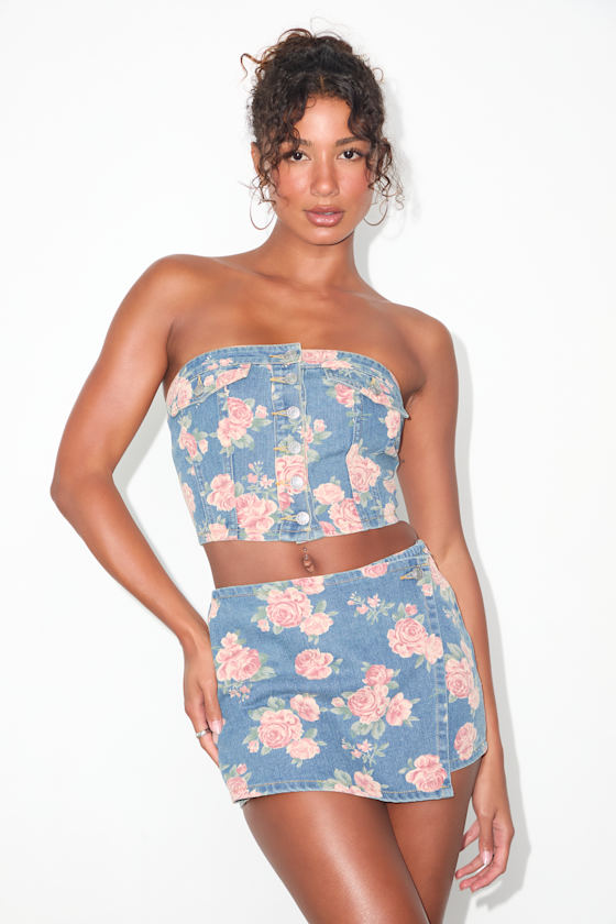 Ophirah Light Wash Floral Denim Strapless Crop Top