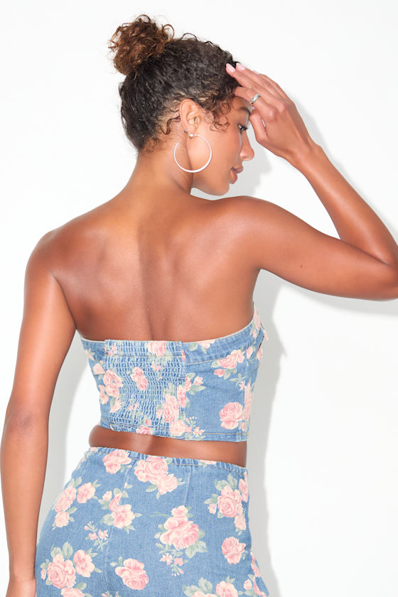 Light Wash Denim Top - Floral Button-Front Top - Strapless Top - Image 3