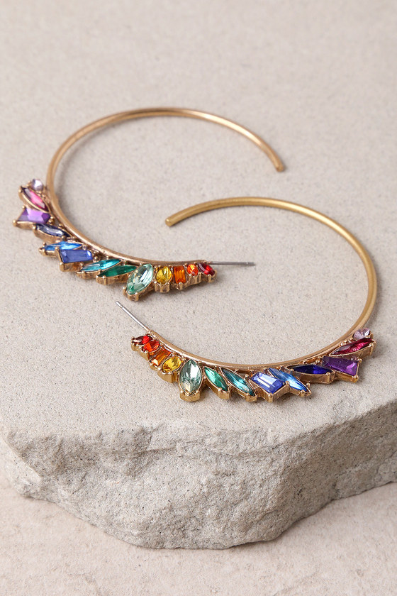 Prismatic Gold and Rainbow Rhinestone Hoop Earrings
