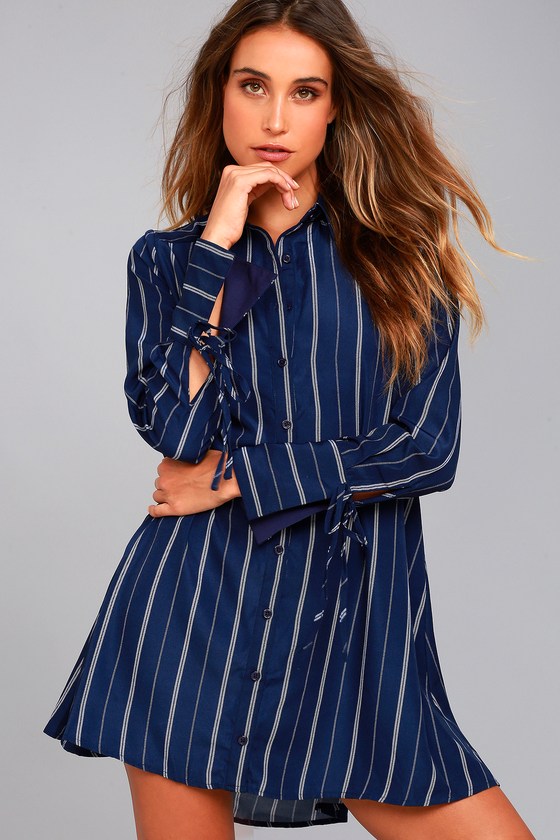 Chic Navy Blue Dress - Striped Dress - Shirt Dress - Lulus