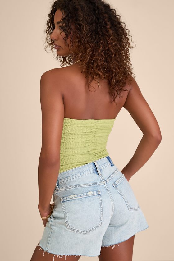 Muna Lime Green Textured Strapless Cutout U-Bar Bodysuit 2