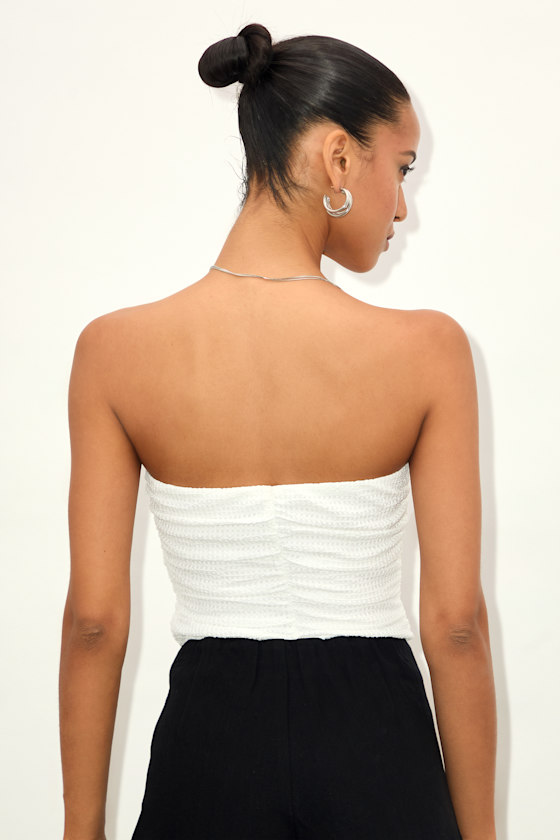 Muna White Textured Strapless Cutout U-Bar Bodysuit 4