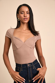 Jacqueline Taupe Ribbed Knit Short Sleeve Bodysuit 1