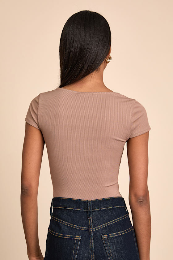 Taupe Ribbed Knit Bodysuit - Elevated Basics - Short Sleeve Top - Image 2