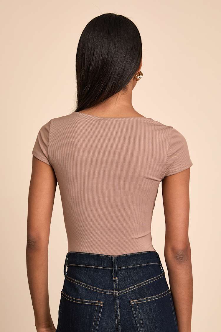 Jacqueline Taupe Ribbed Knit Short Sleeve Bodysuit