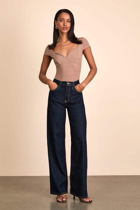 Taupe Ribbed Knit Bodysuit - Elevated Basics - Short Sleeve Top - Image 3