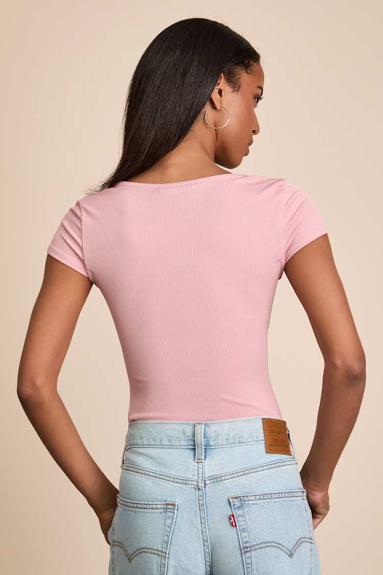 Jacqueline Light Pink Ribbed Knit Short Sleeve Bodysuit