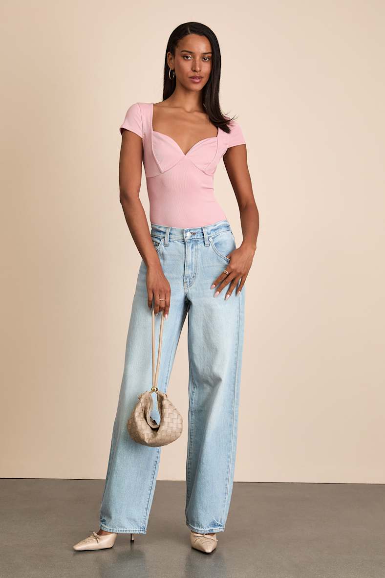 Jacqueline Light Pink Ribbed Knit Short Sleeve Bodysuit