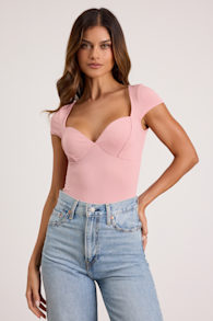 Jacqueline Light Pink Ribbed Knit Short Sleeve Bodysuit 1